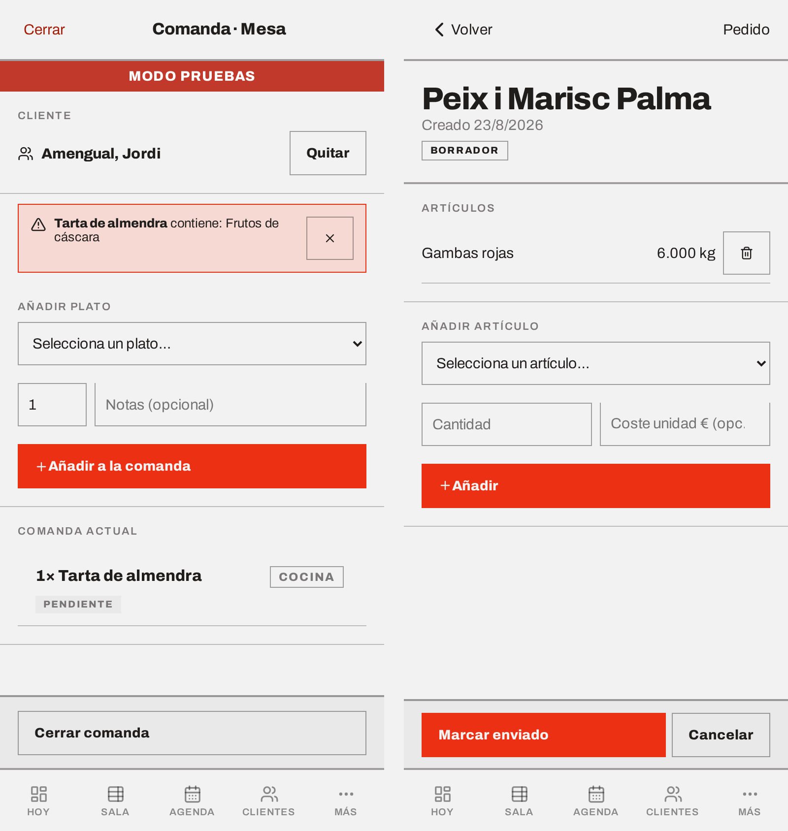 A la izquierda, aviso de alergia al añadir un plato a la comanda de un cliente con alergia registrada; a la derecha, un pedido a proveedor generado desde el inventario